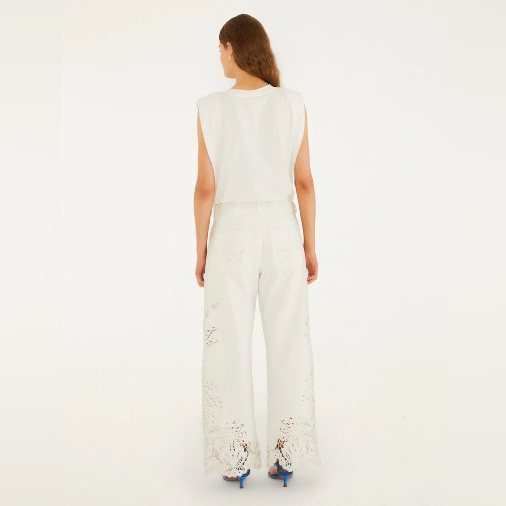 FARM Rio Cream Wide-Leg Eyelet Crochet Hem Pants - Picture 5 of 6